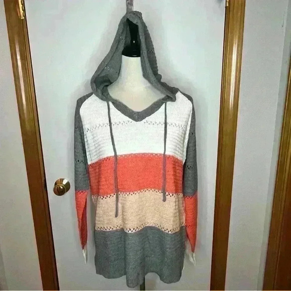 Crocheted Hooded Pullover Sweater Women Med/large Stripe Long Sleeve Cozy Casual - Picture 1 of 10